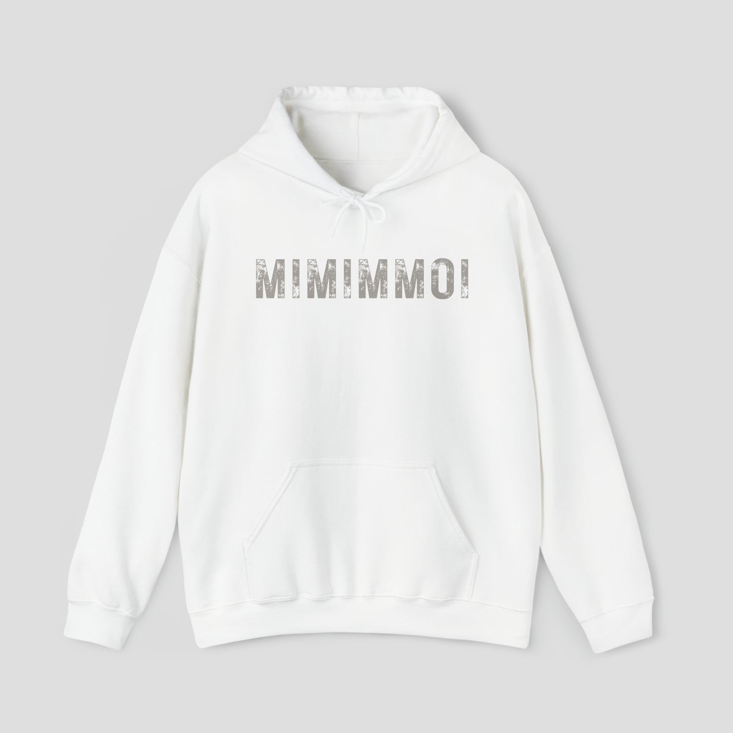 Front view of white hooded sweatshirt with hood down and the word "MIMIMMOI" in a large gray distressed font in center, against a gray background.