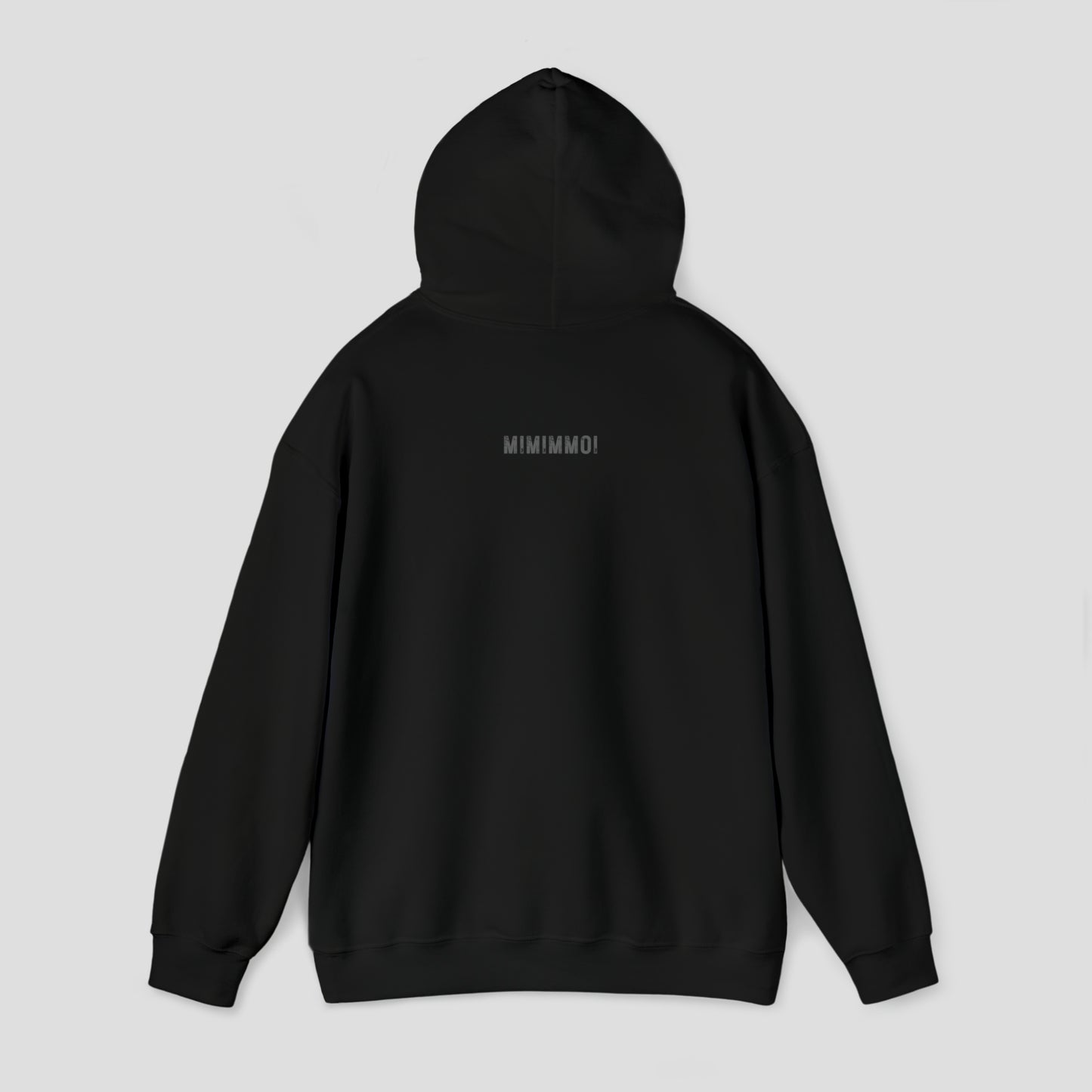 Back view of a black hoodie with small MIMIMMOI in light gray grunge letters under hood against a light gray background. (hood up)