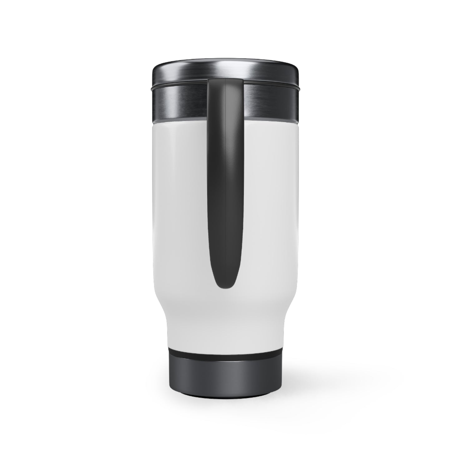 Back view of white travel mug with silver top and base, with black handle in middle, against a white background.