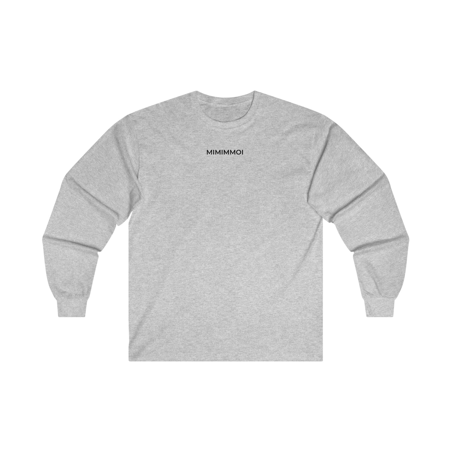 Front view of light gray long sleeve t-shirt with the word "Mimimmoi" written in small black letters a short distance below the neckline