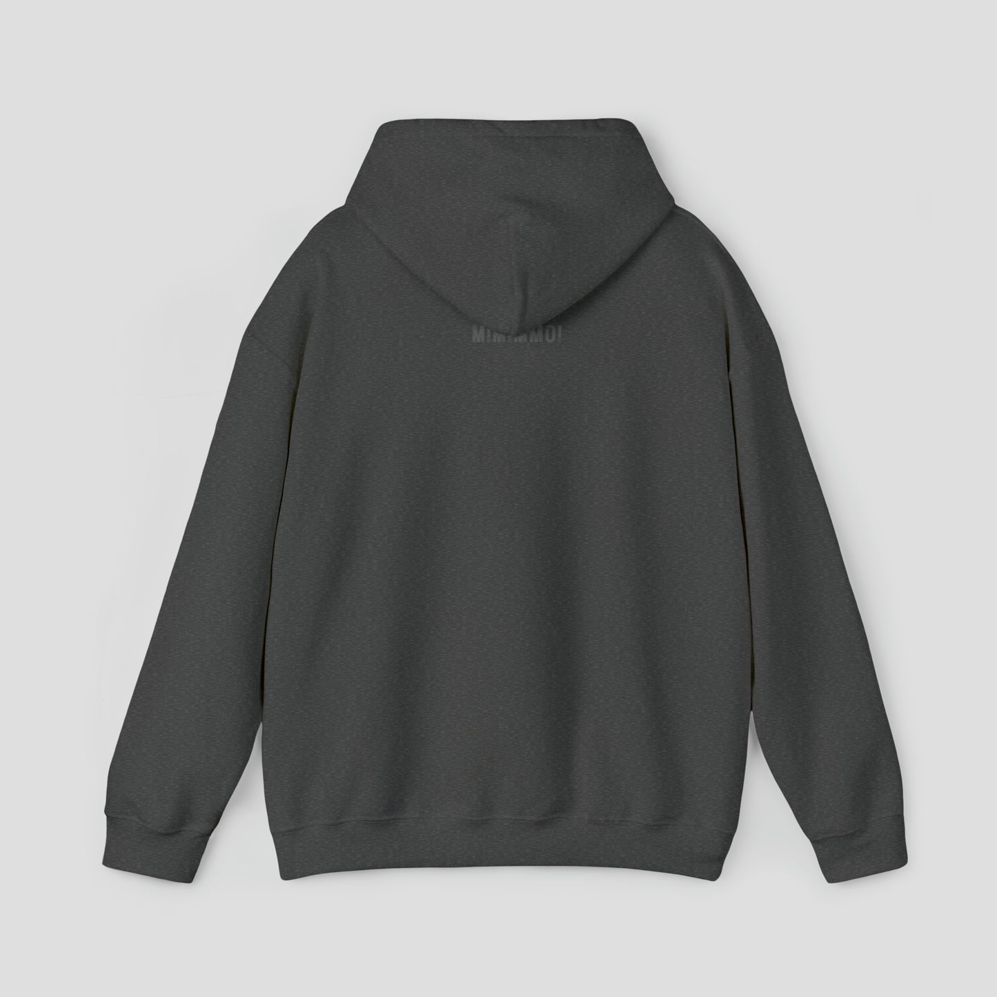 Back view of a gray hoodie with small MIMIMMOI in light gray grunge letters under hood against a light gray background.