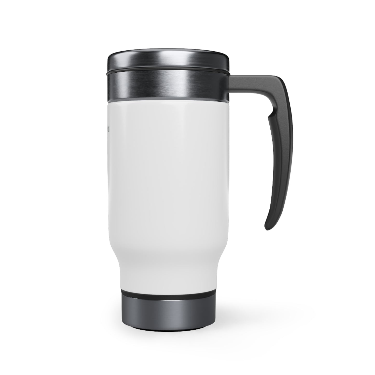 Side view of white travel mug with silver top and base, with black handle on right side, against a white background.
