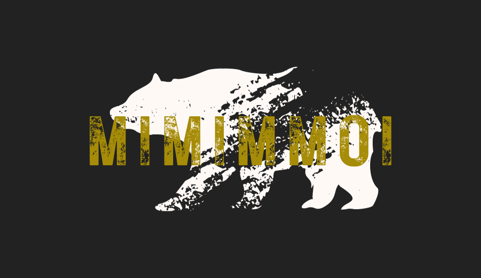 White, distressed silhouette bear image with the word MIMIMMOI in capitalized, distressed yellow letter overlayed, against a gray background.