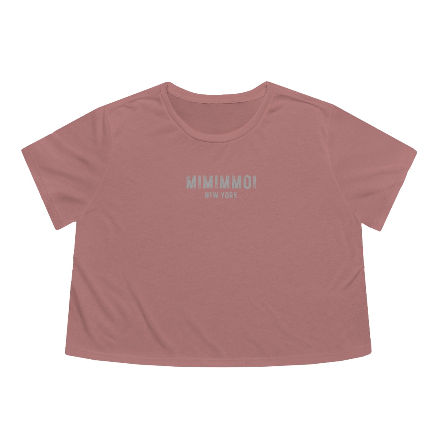 Front view of mauve colored cropped t-shirt with the words "Mimimmoi New York" written in small distressed gray letters a short distance below the neckline.