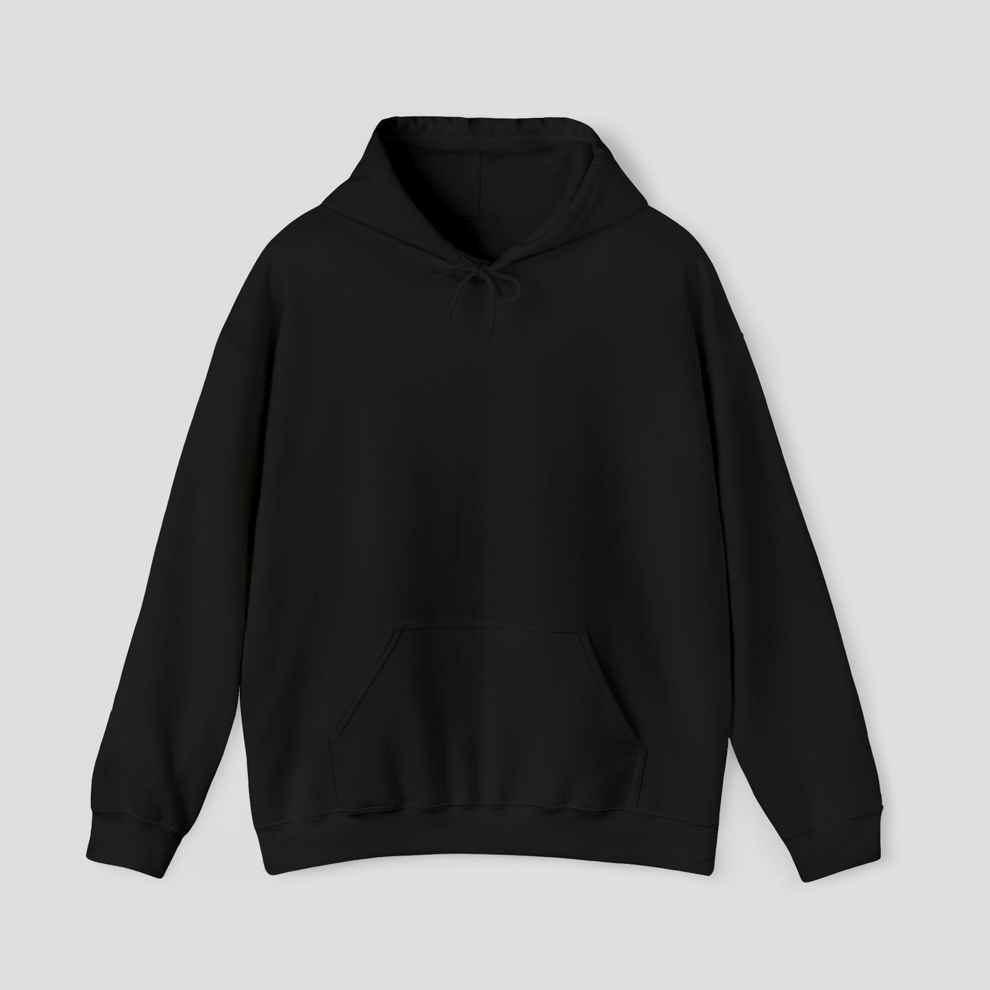 Front view of black hooded sweatshirt with hood down and no image or text, against a gray background.