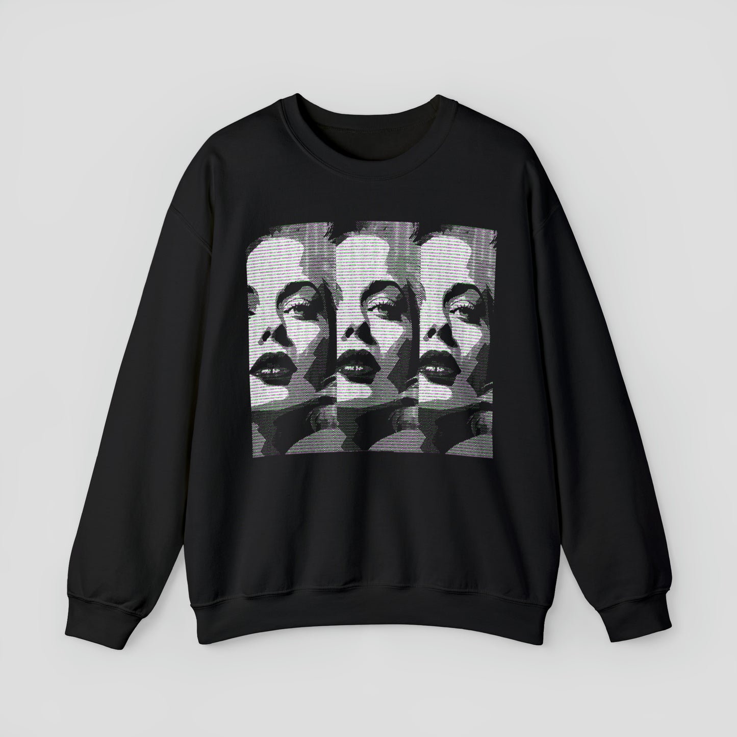 Black sweatshirt with three black and white panels of a Hollywood bombshell on the front against a light gray background.