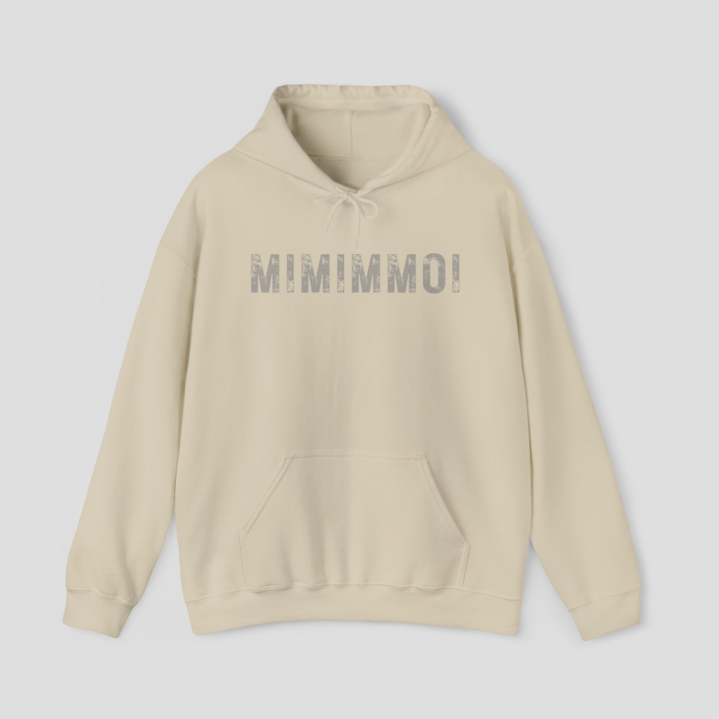 Front view of tan hooded sweatshirt with hood down and the word "MIMIMMOI" in a large gray distressed font in center, against a gray background.
