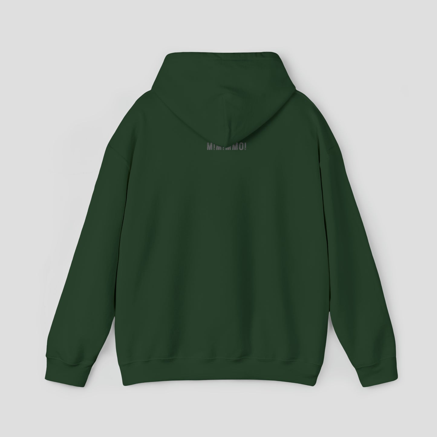 Back view of a green hoodie with small MIMIMMOI in light gray grunge letters under hood against a light gray background.