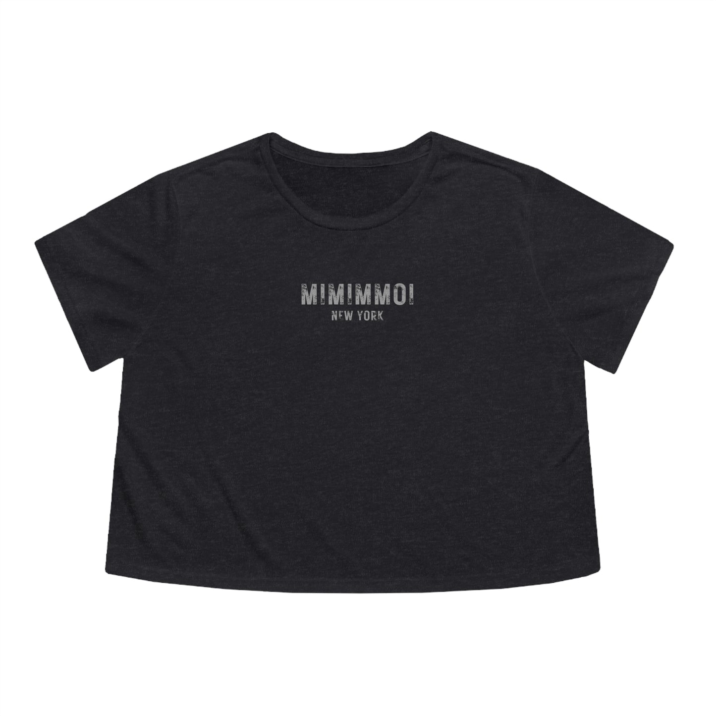 Front view of very dark gray cropped t-shirt with the words "Mimimmoi New York" written in small distressed gray letters a short distance below the neckline.