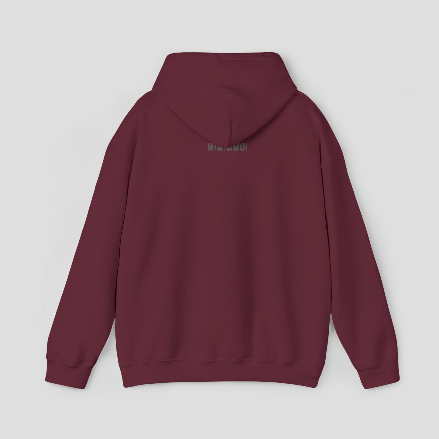 Back view of a maroon hoodie with small MIMIMMOI in light gray grunge letters under hood against a light gray background.