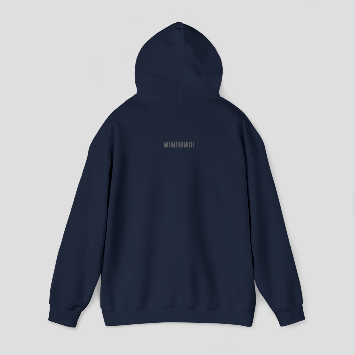 Back view of a navy hoodie with small MIMIMMOI in light gray grunge letters under hood against a light gray background (hood up)