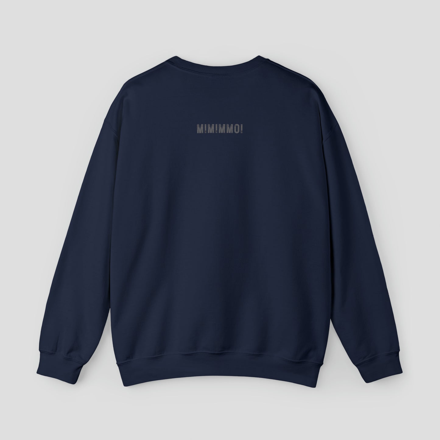Back view of navy sweatshirt with MIMIMMOI in gray grunge font against light gray background.