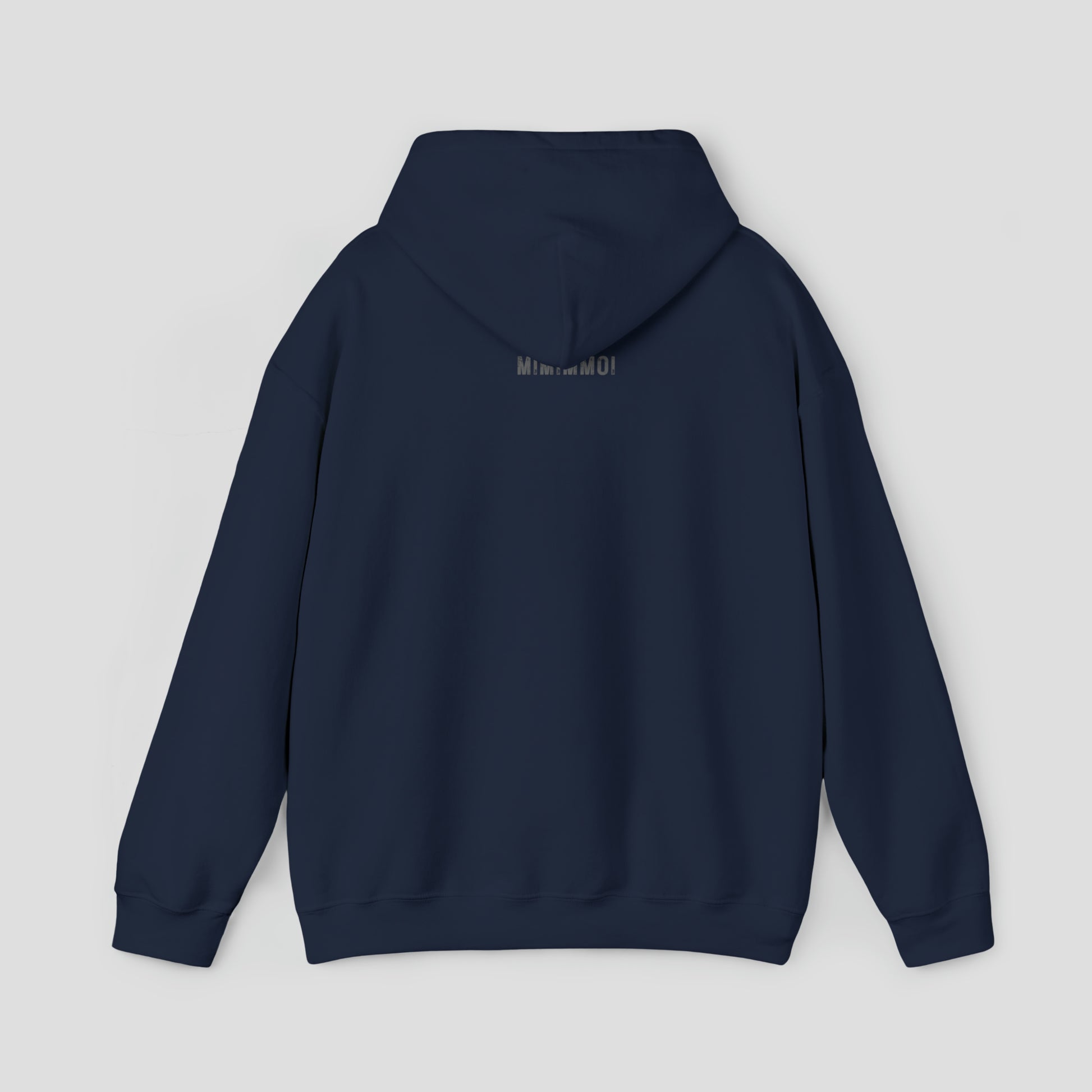 Back view of a navy hoodie with small MIMIMMOI in light gray grunge letters under hood against a light gray background.