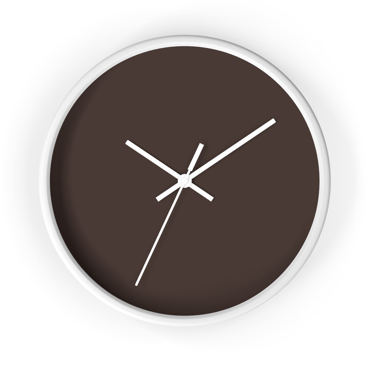 White circular wooden framed clock with espresso brown background and white hands, against a white background.