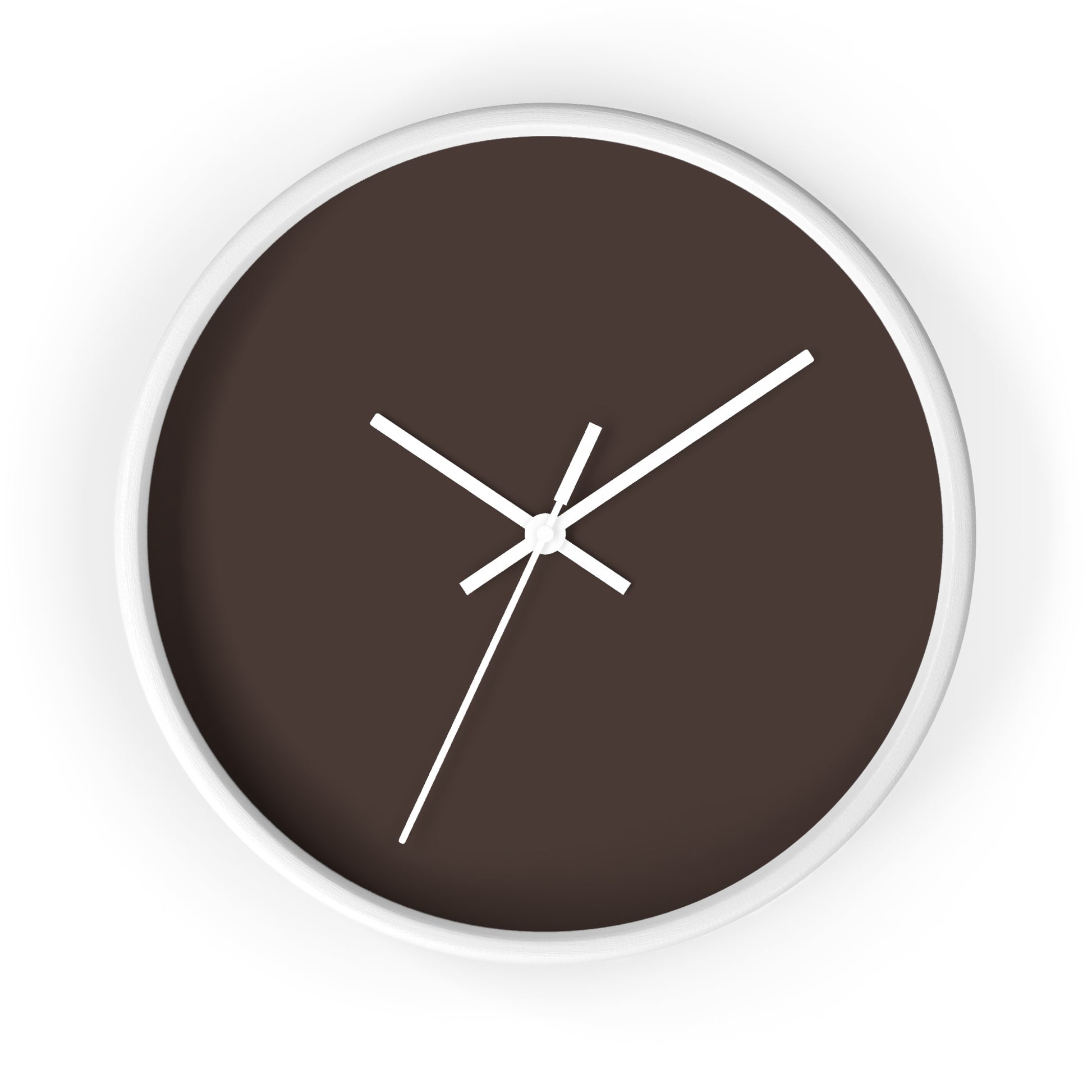 White circular wooden framed clock with espresso brown background and white hands, against a white background.