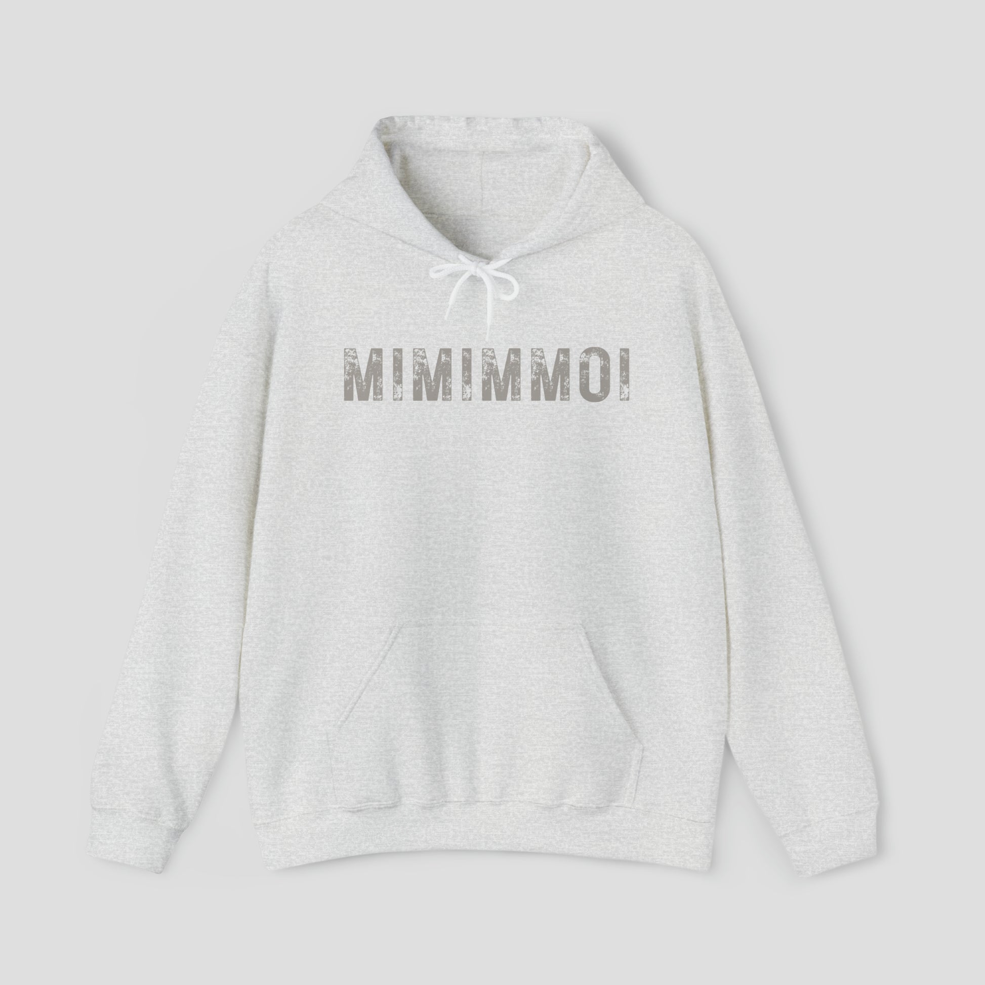 Front view of gray hooded sweatshirt with hood down and the word "MIMIMMOI" in a large gray distressed font in center, against a gray background.
