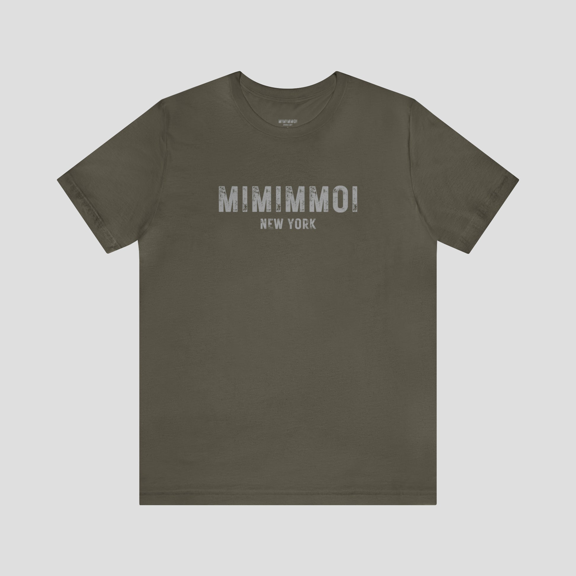 Army green t-shirt with the words Mimimmoi New York in distressed gray block letters across the chest, against a gray background.