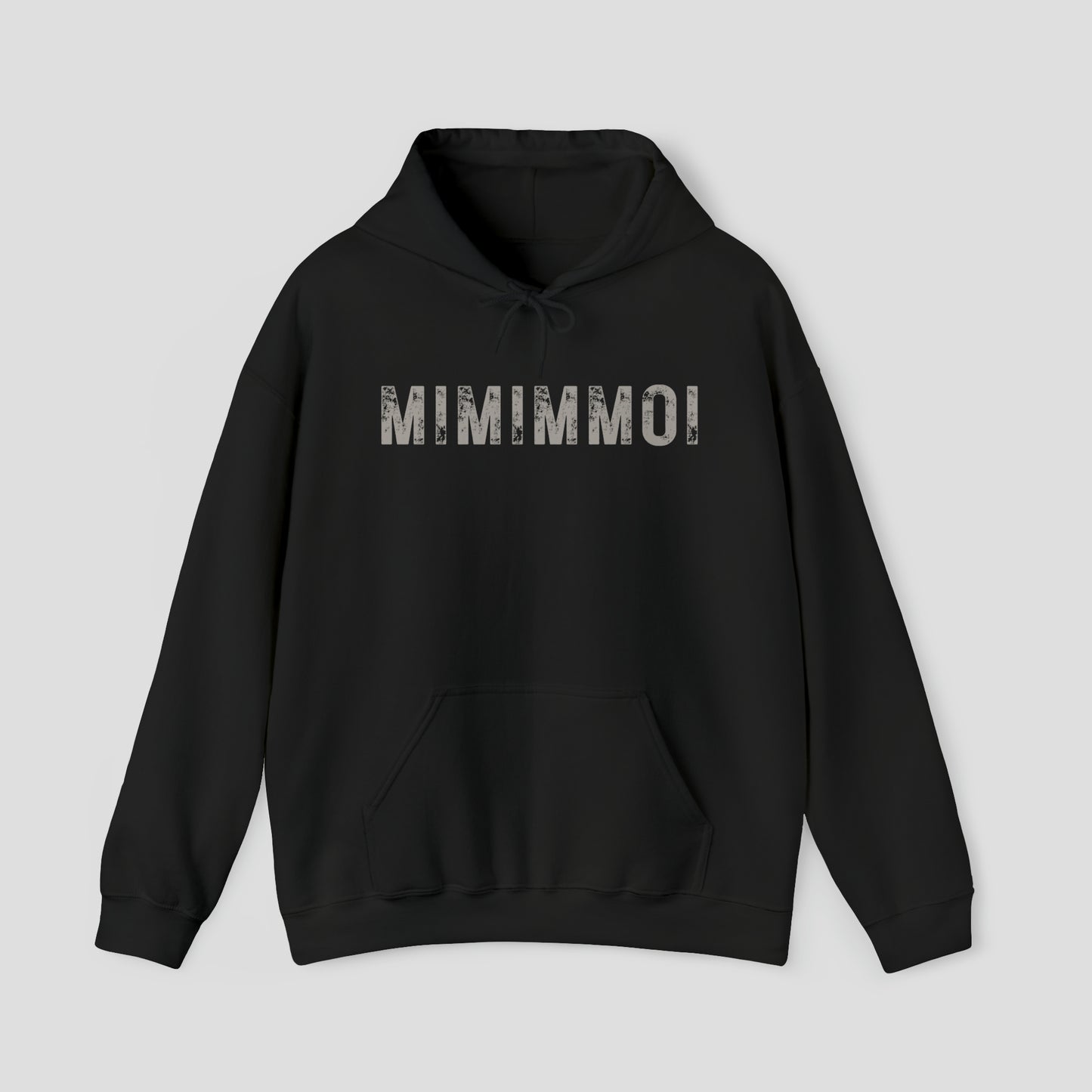 Front view of black hooded sweatshirt with hood down and the word "MIMIMMOI" in a large gray distressed font in center, against a gray background.