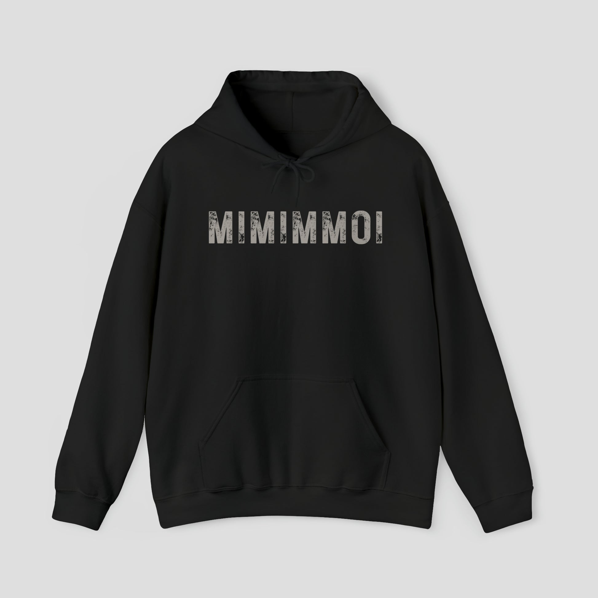 Front view of black hooded sweatshirt with hood down and the word "MIMIMMOI" in a large gray distressed font in center, against a gray background.