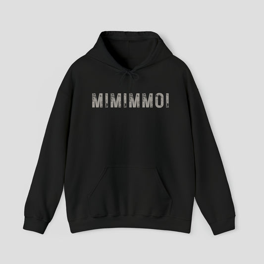 Front view of black hooded sweatshirt with hood down and the word "MIMIMMOI" in a large gray distressed font in center, against a gray background.