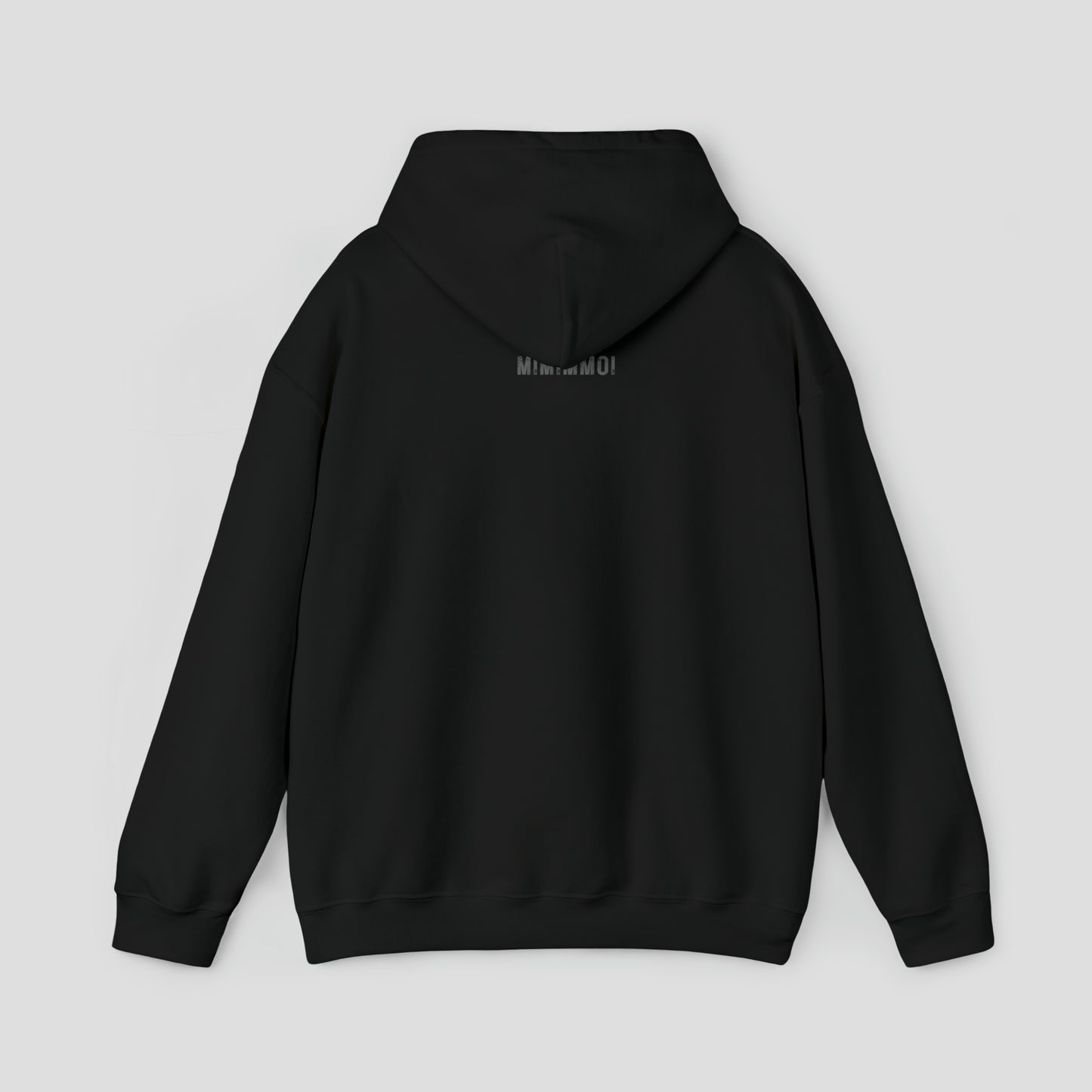 Back view of a black hoodie with small MIMIMMOI in light gray grunge letters under hood against a light gray background.