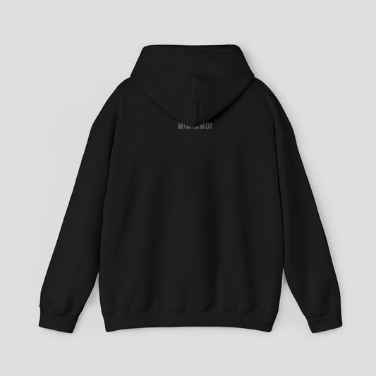 Back view of a black hoodie with small MIMIMMOI in light gray grunge letters under hood against a light gray background.