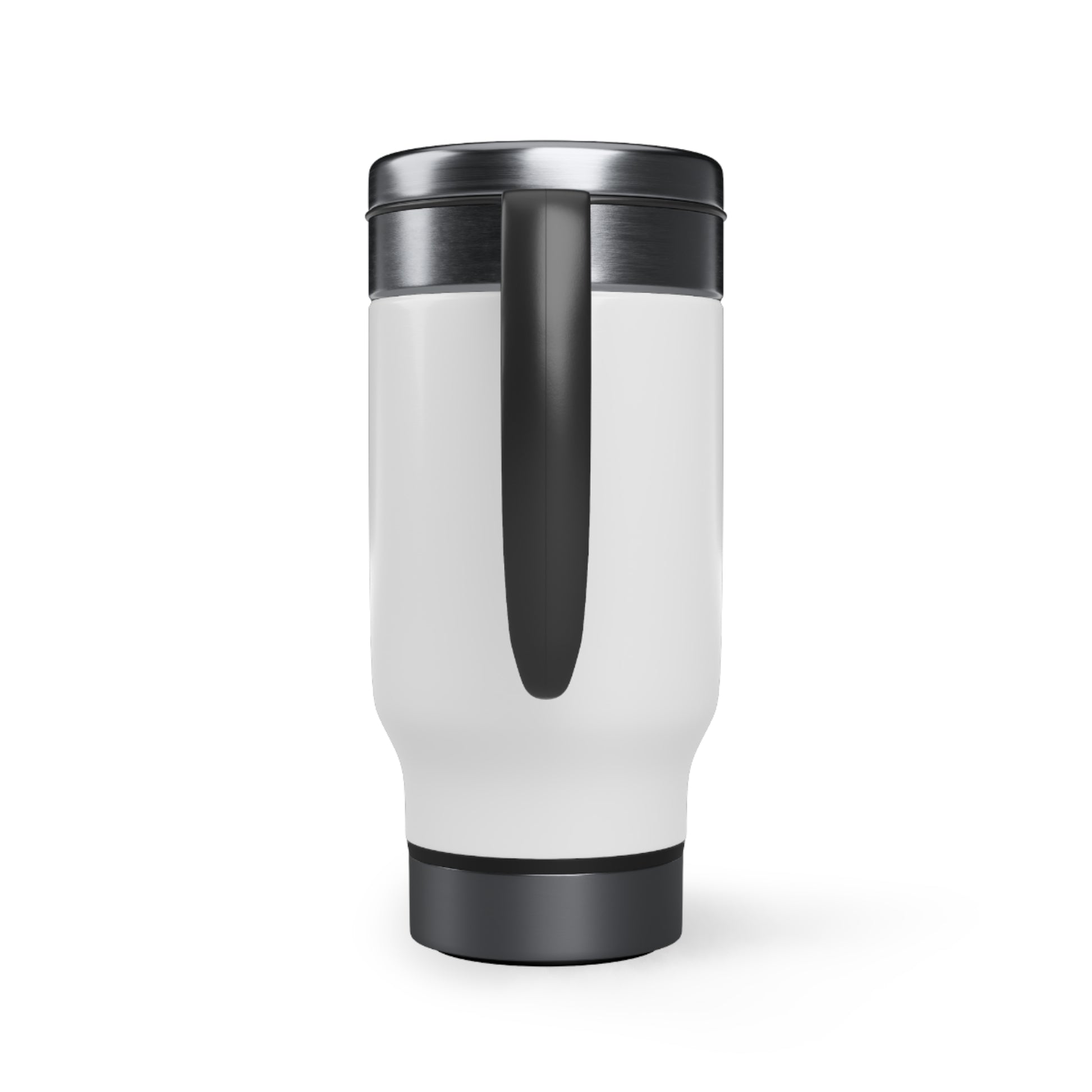 Back view of white travel mug with silver top and base, with black handle in middle, against a white background.