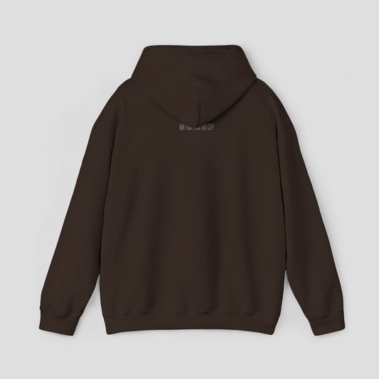 Back view of a dark chocolate hoodie with small MIMIMMOI in light gray grunge letters under hood against a light gray background.