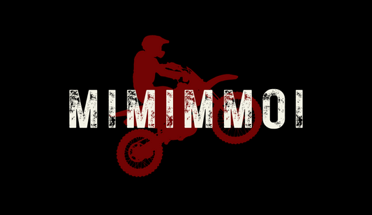 MIMIMMOI in white rustic font with red silhouette of motocross rider behind the words against a black backdrop.