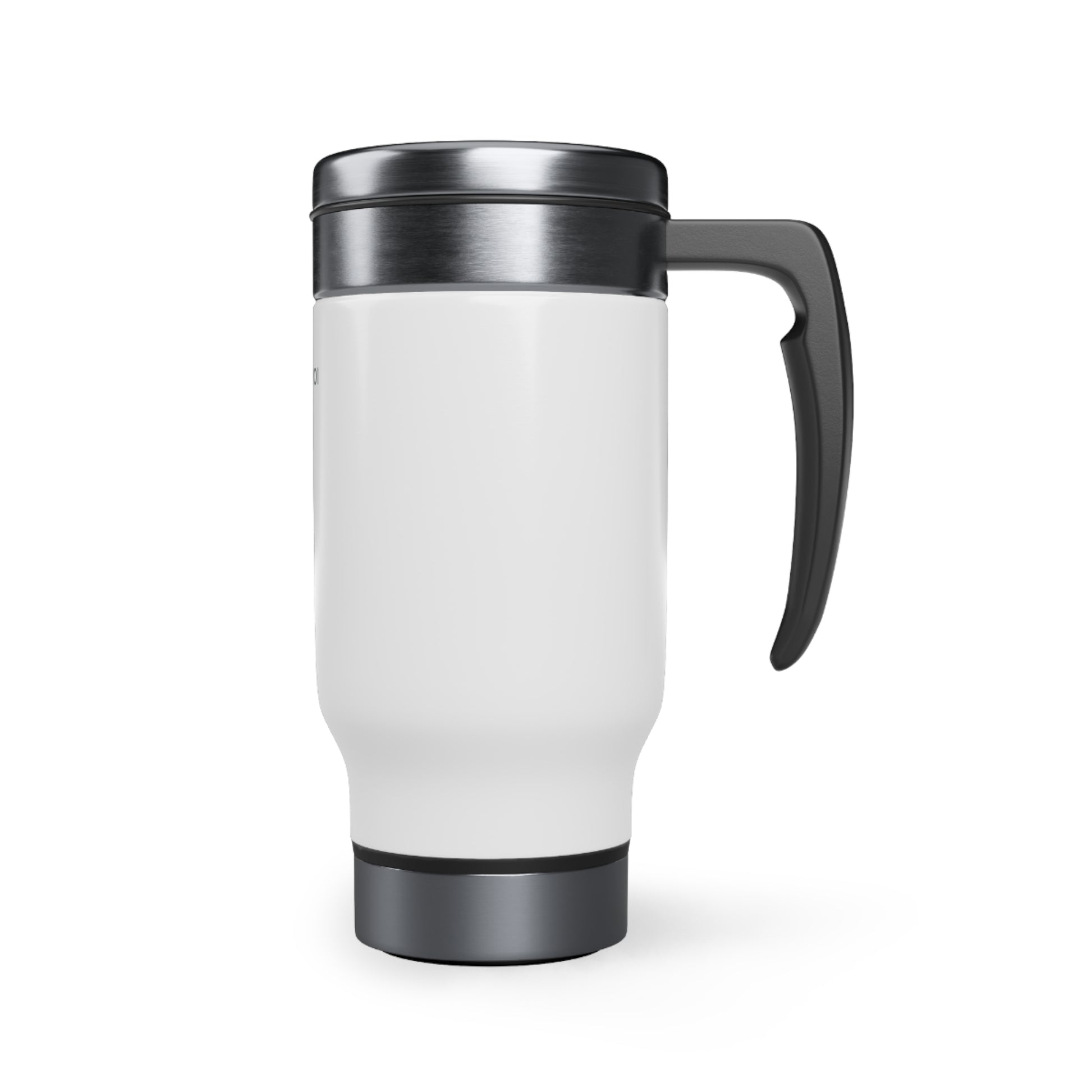Side view of white travel mug with silver top and base, with black handle on right side, against a white background.
