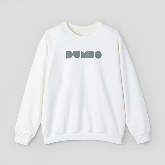 White sweatshirt with the word Dumbo in gray block letters across the chest, against a gray background.
