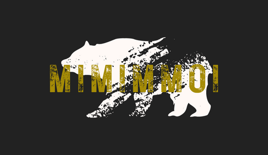 White, distressed silhouette bear image with the word MIMIMMOI in capitalized, distressed yellow letter overlayed, against a gray background.