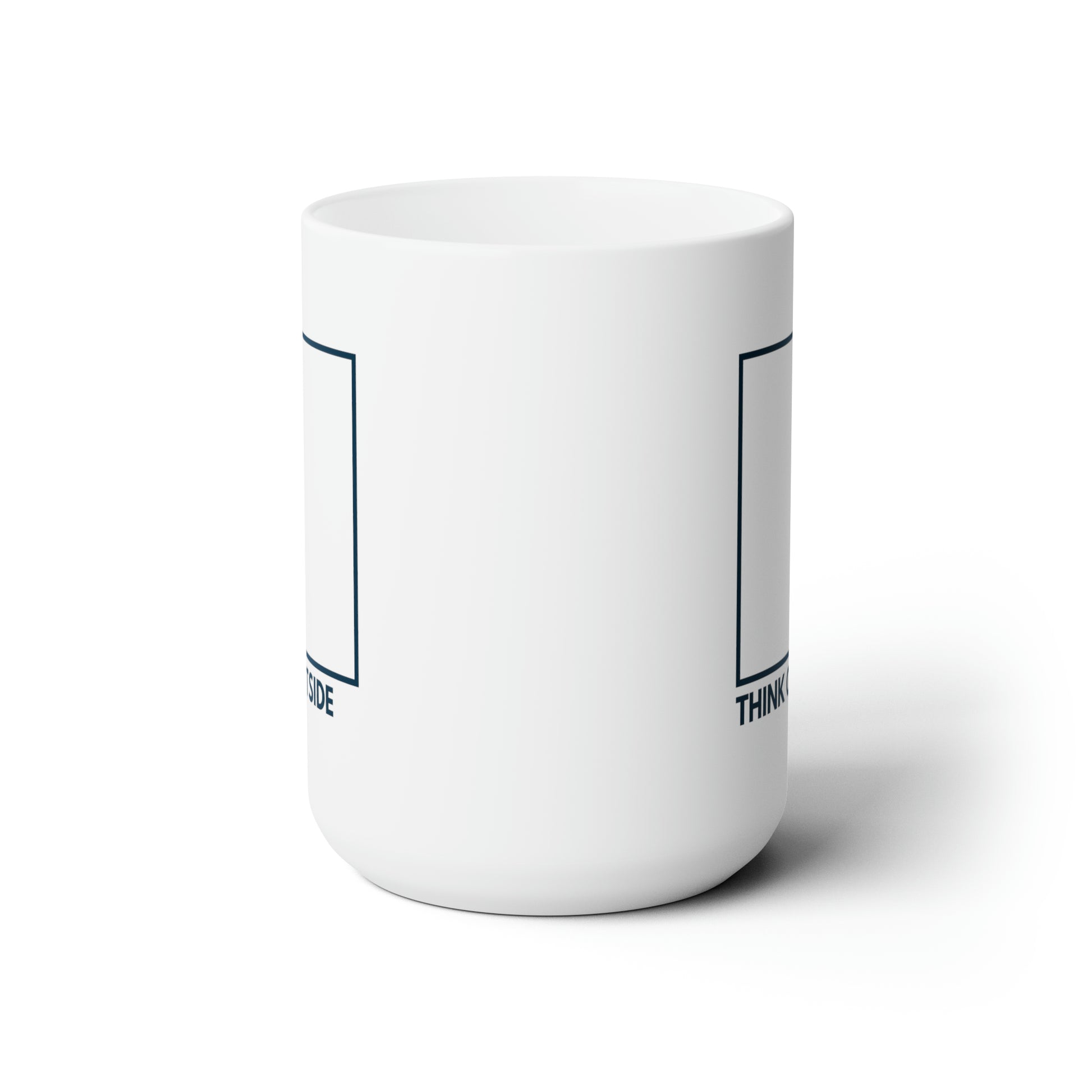 Side view of large navy blue square about the words "Think Outside" in navy capitalized letters on both sides of a white mug against a white background.