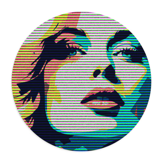 Round mousepad with colorful pop art illustration of blonde woman's face against a white background.