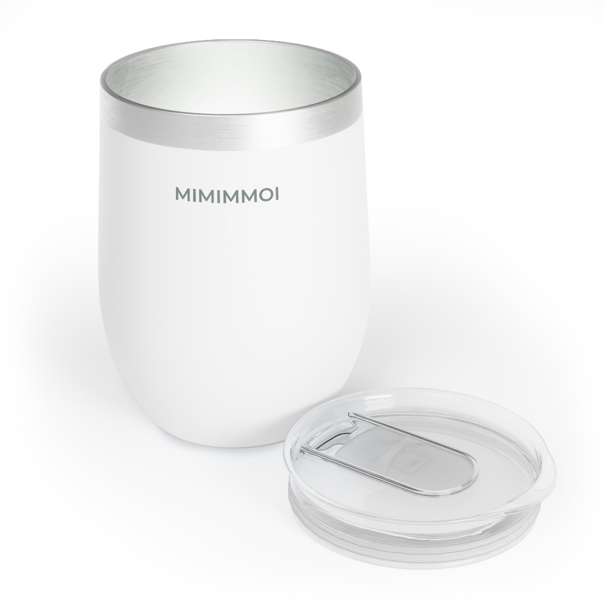 Front view of white travel wine tumbler with plastic top to the right, with the word "Mimimmoi" in small gray lettering at top, against a white background.