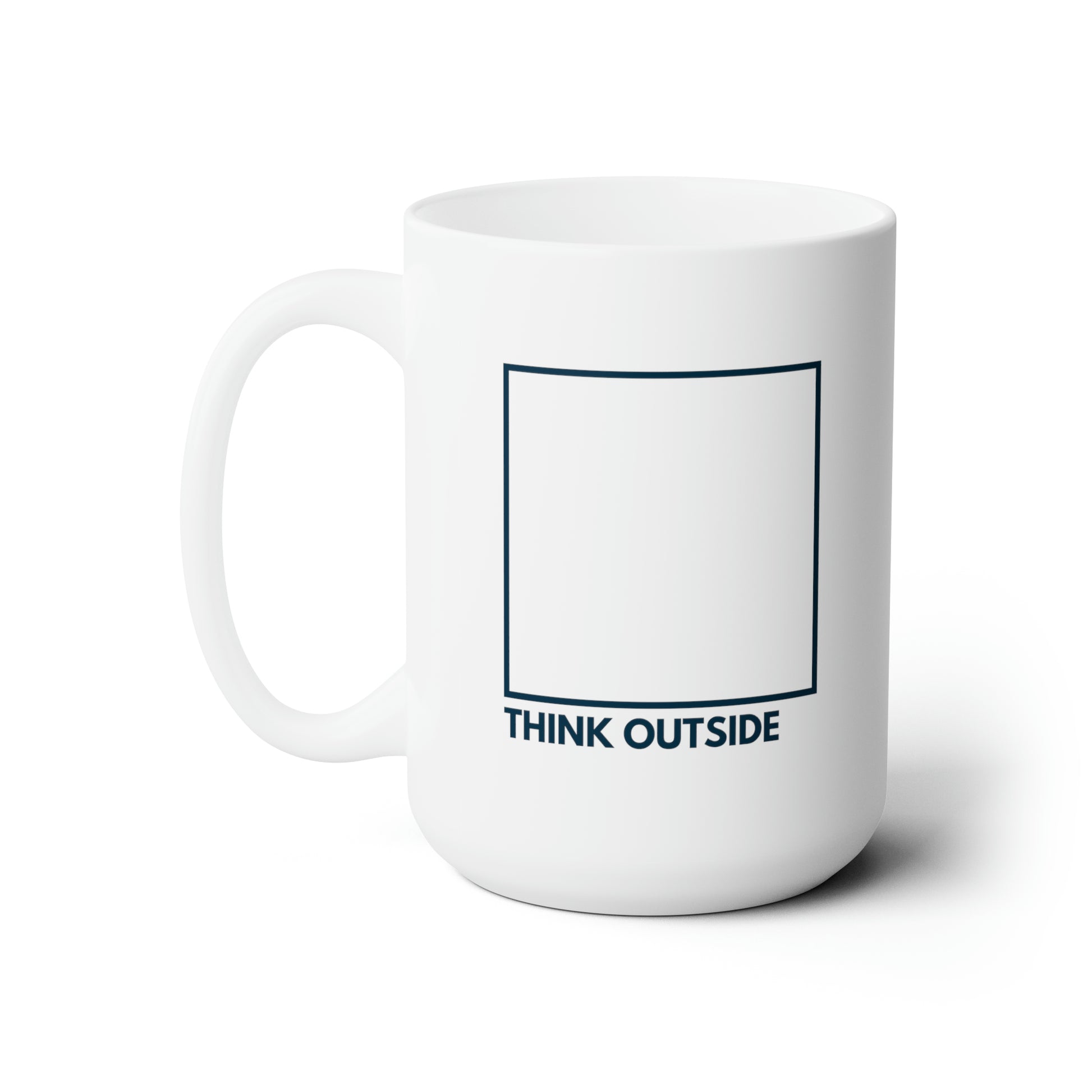 Large navy blue square about the words "Think Outside" in navy capitalized letters on white mug with left handle against a white background.