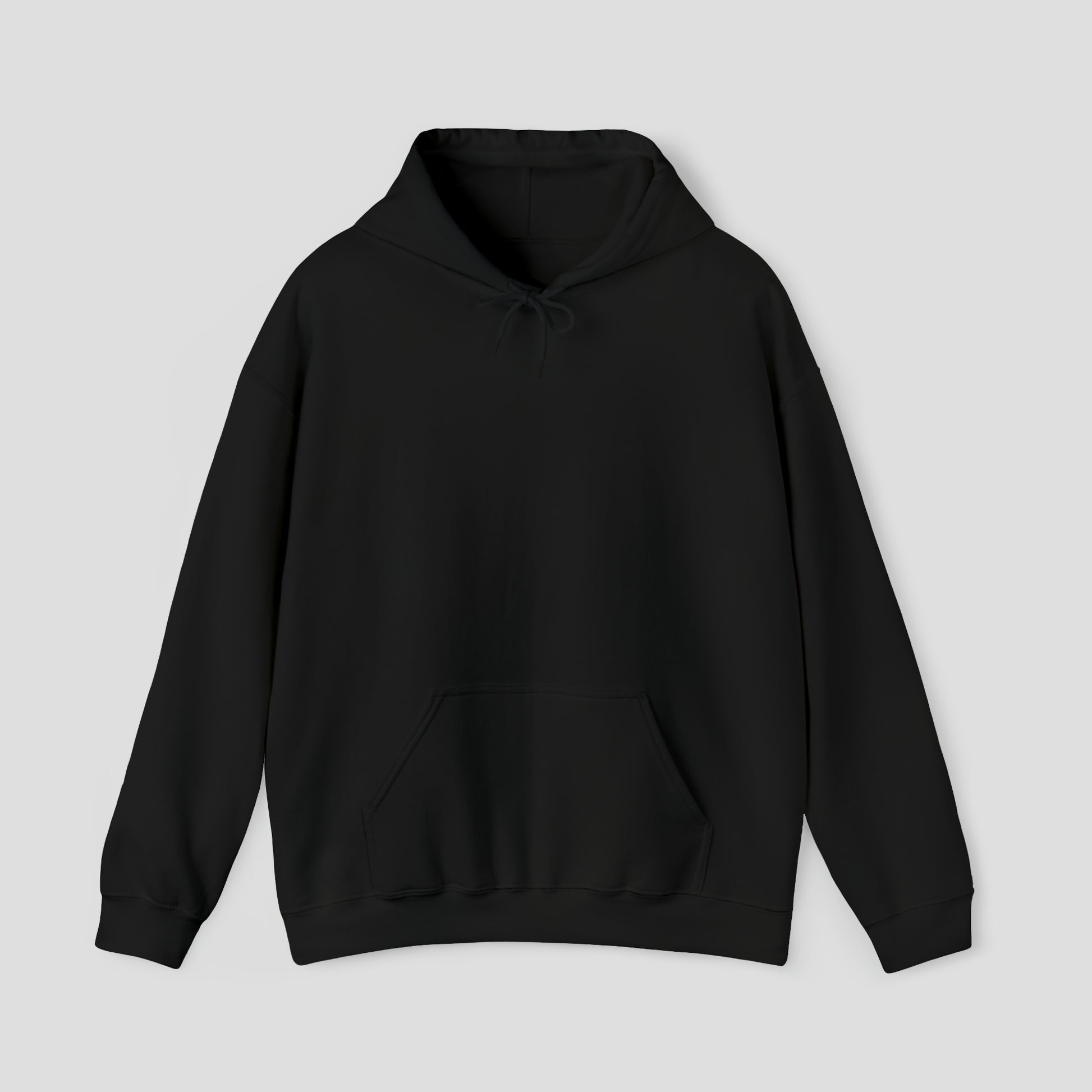 Front view of black hooded sweatshirt with hood down and no image or text, against a gray background.