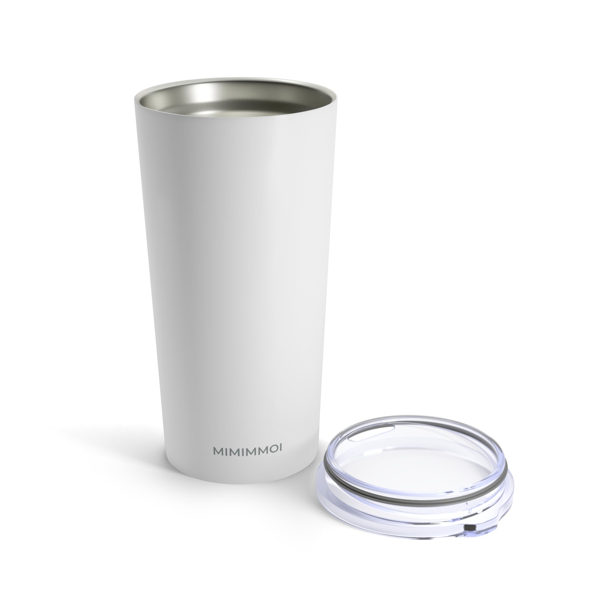 Front view of tall white travel tumbler with plastic top to the right, with the word "Mimimmoi" in small gray lettering at bottom, against a white background.