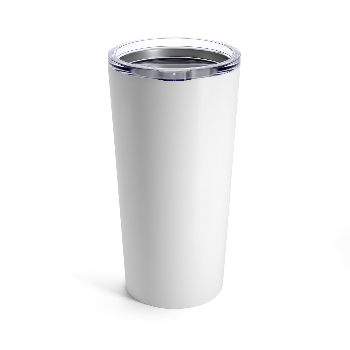 Front view of white travel tumbler with plastic top against a white background.