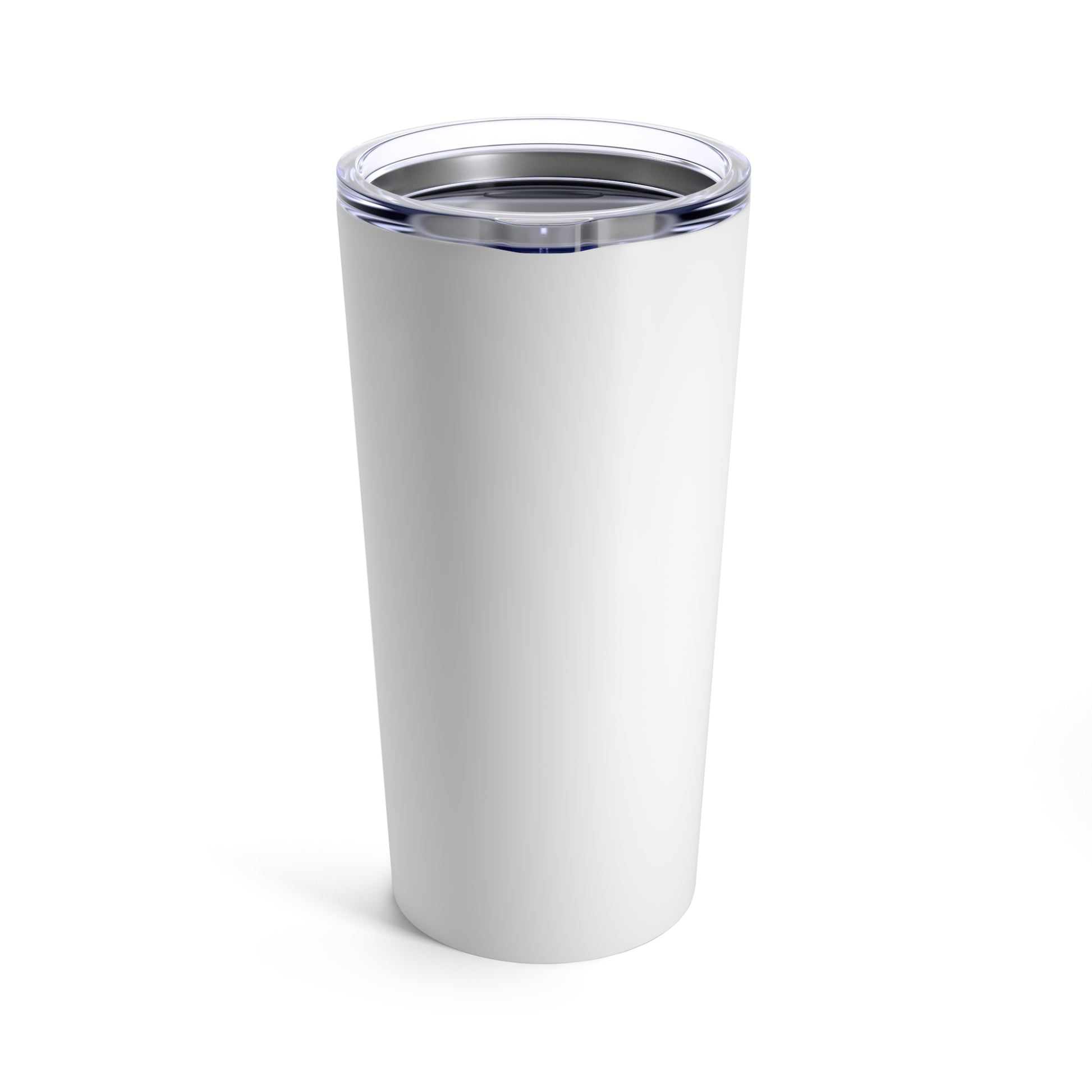 Front view of white travel tumbler with plastic top against a white background.