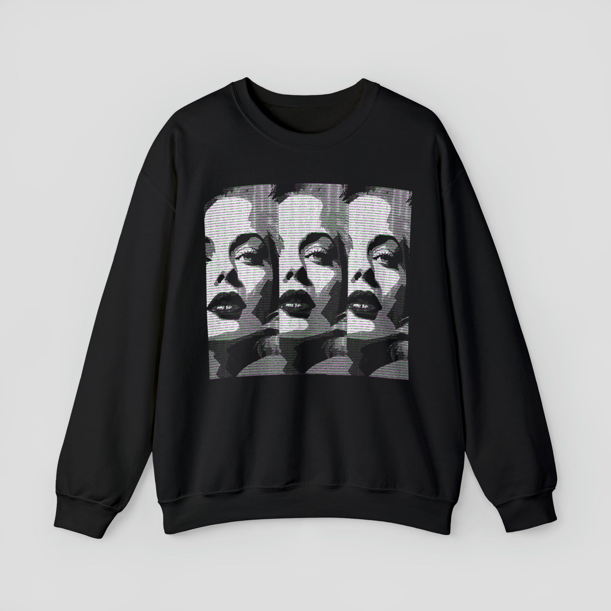 Black sweatshirt with three black and white panels of a Hollywood bombshell on the front against a light gray background.