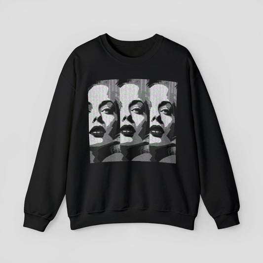 Black sweatshirt with three black and white panels of a Hollywood bombshell on the front against a light gray background.