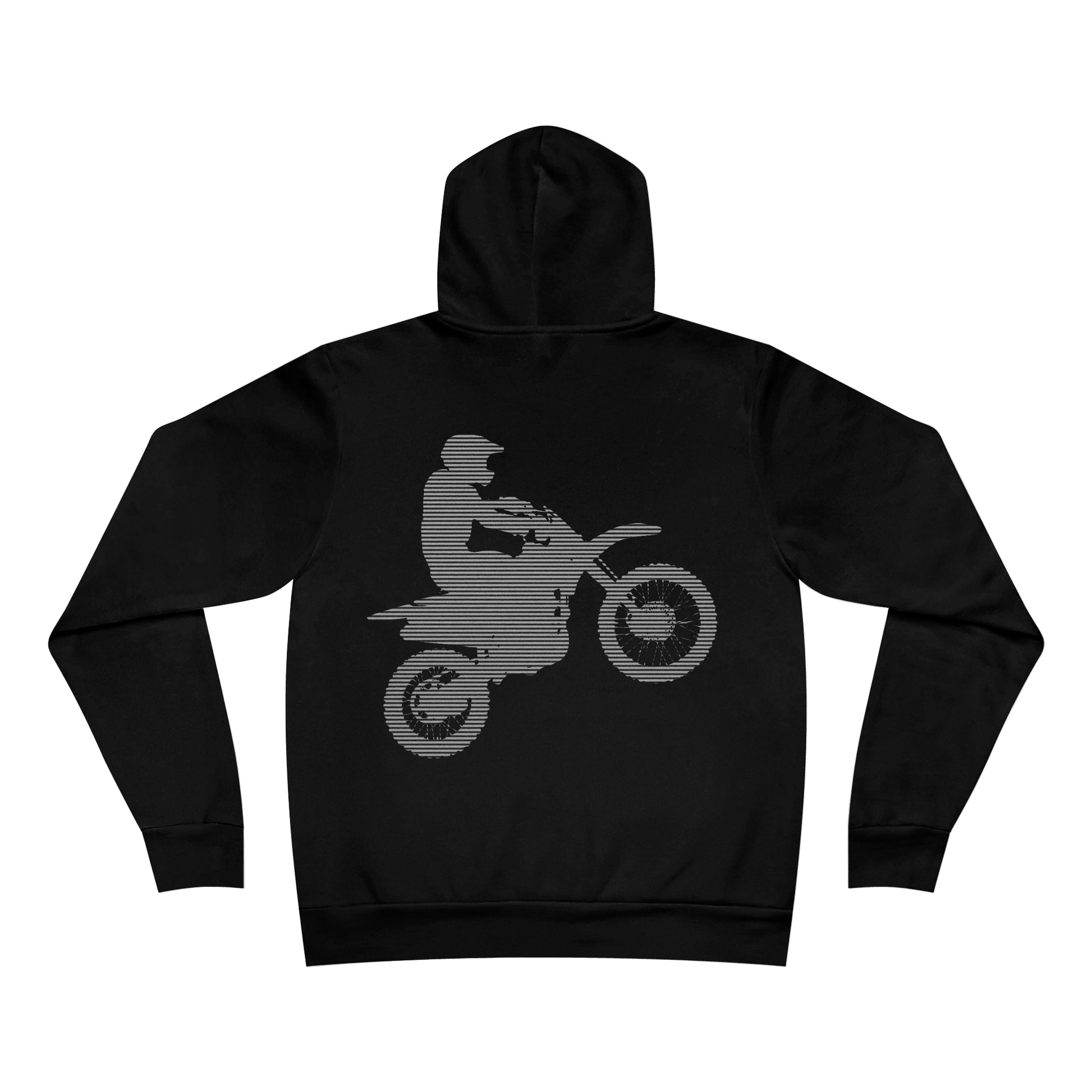 Back view of black hooded sweatshirt with hood up and large white digitized silhouette image of a motocross rider in center, against a white background.