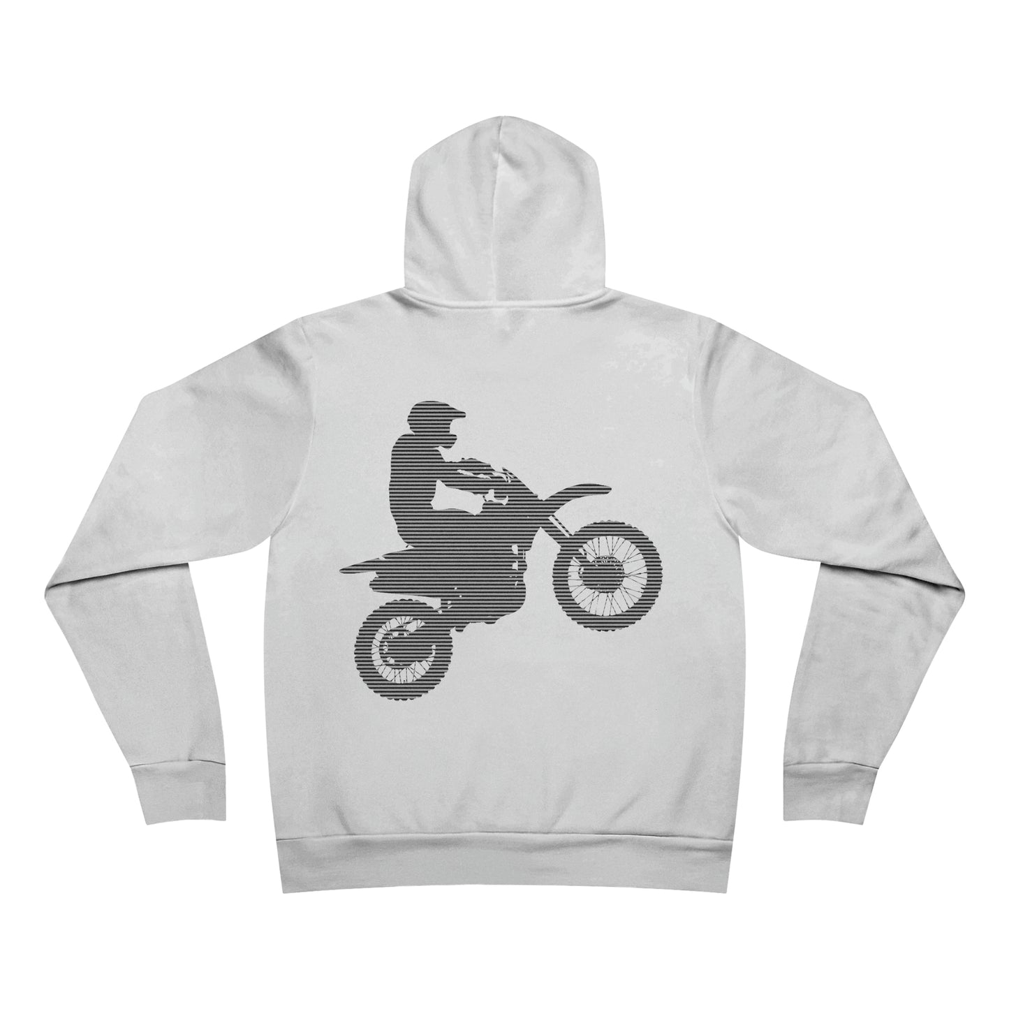 Back view of white hooded sweatshirt with hood up and large white digitized silhouette image of a motocross rider in center, against a white background.