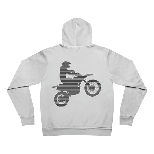 Back view of white hooded sweatshirt with hood up and large white digitized silhouette image of a motocross rider in center, against a white background.