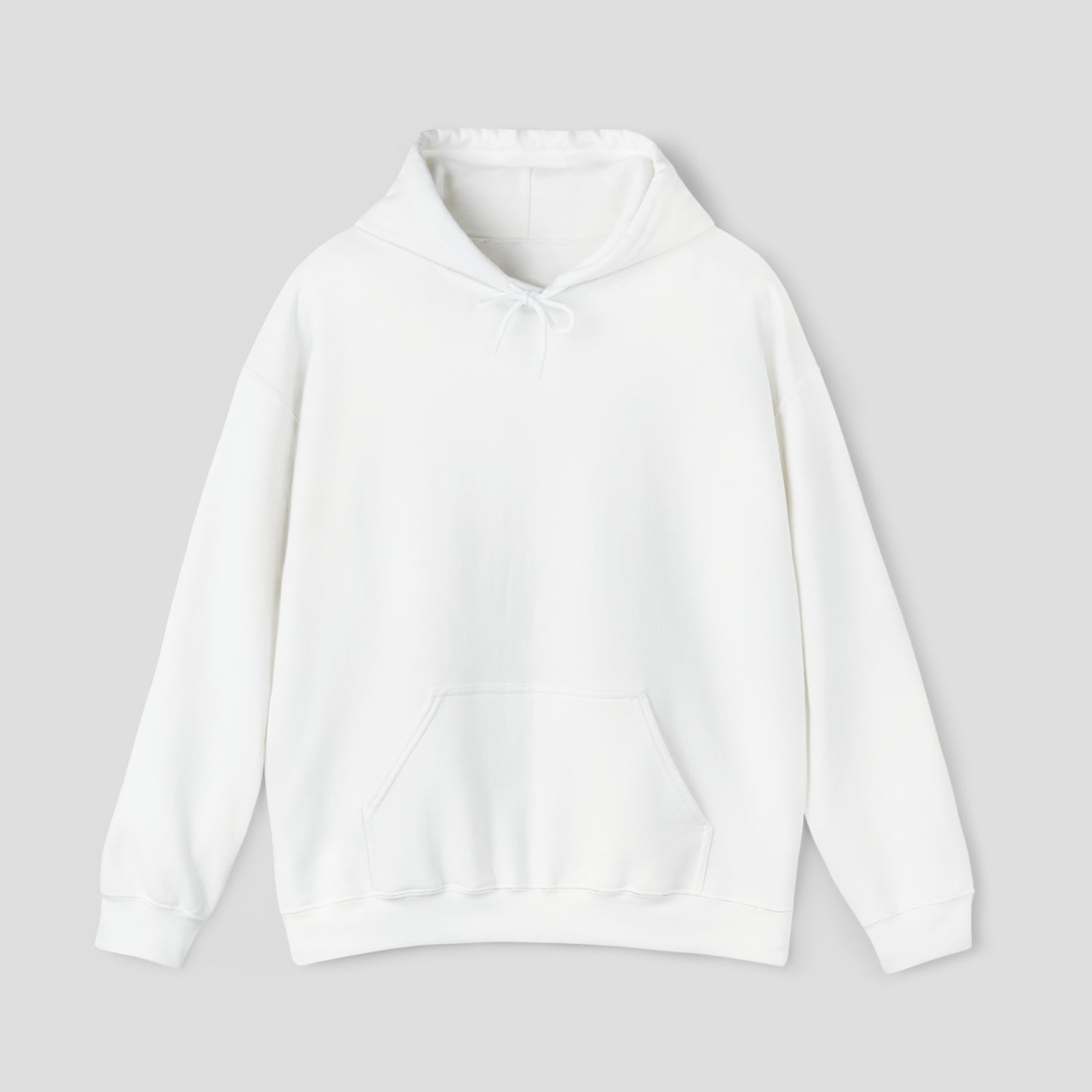 Front view of white hooded sweatshirt with hood down and no image or text, against a gray background.