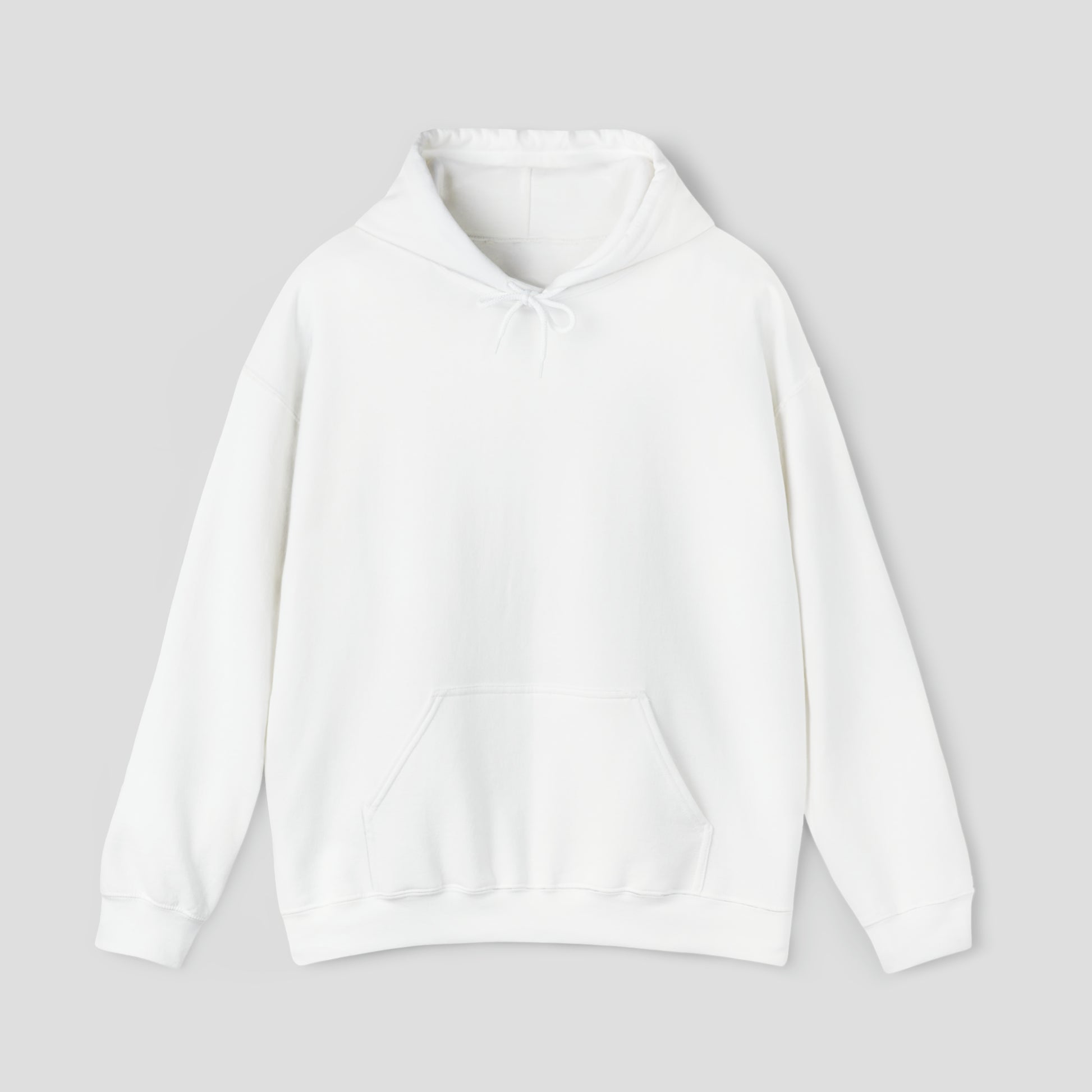 Front view of white hooded sweatshirt with hood down and no image or text, against a gray background.