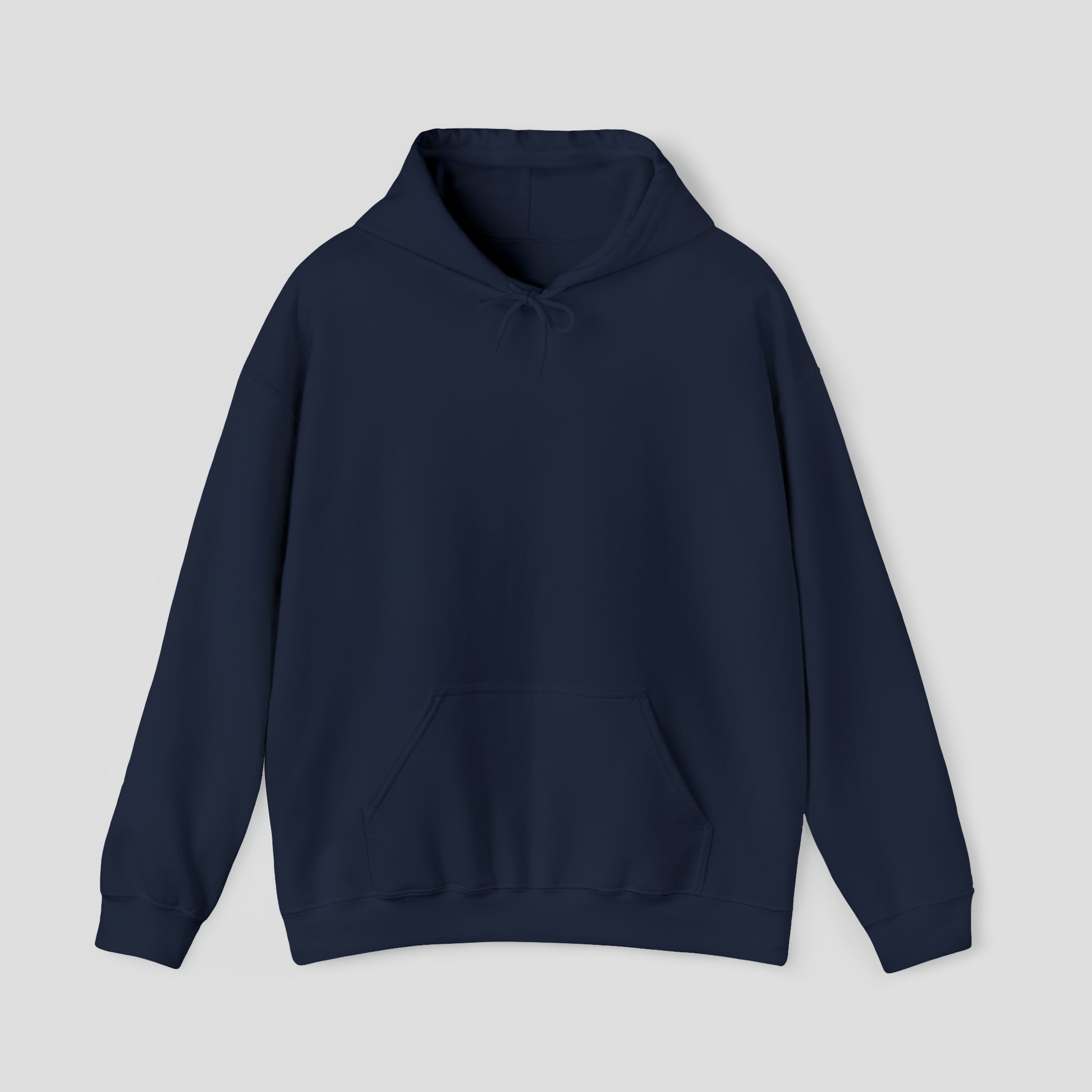 Front view of navy hoodie against a light gray background.