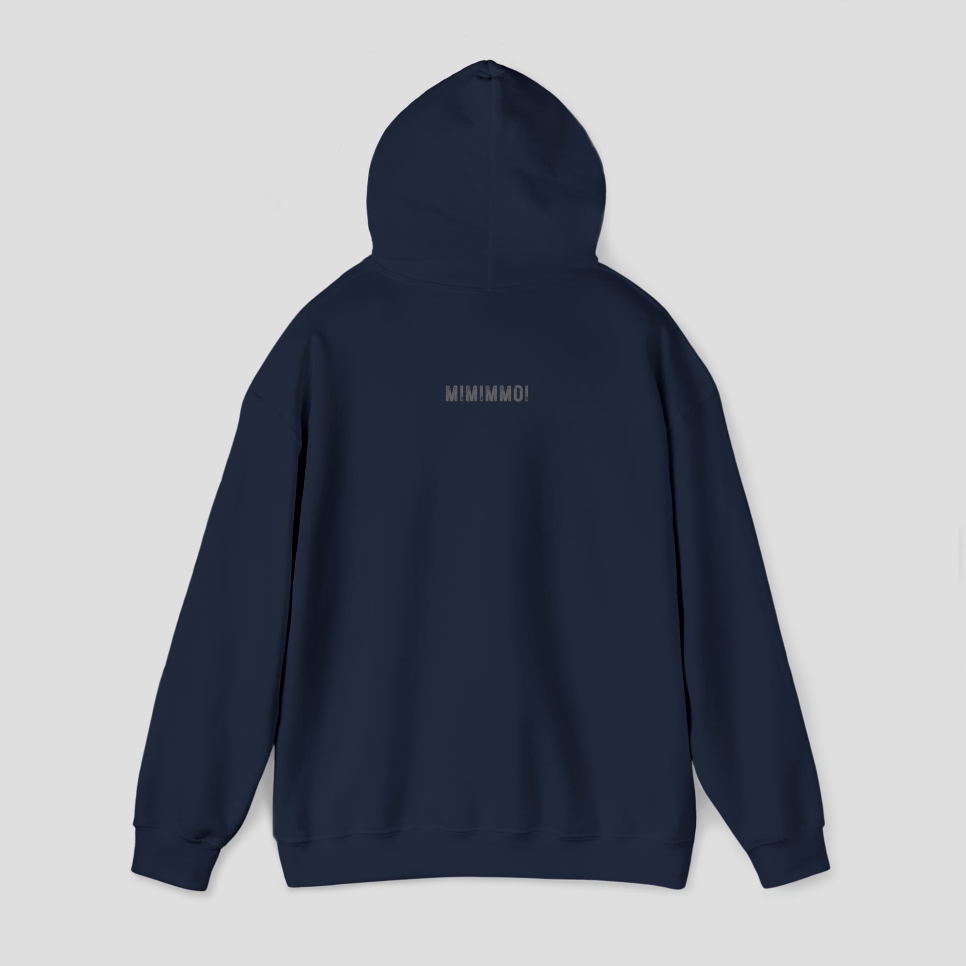 Back view of a navy hoodie with small MIMIMMOI in light gray grunge letters under hood against a light gray background (hood up)