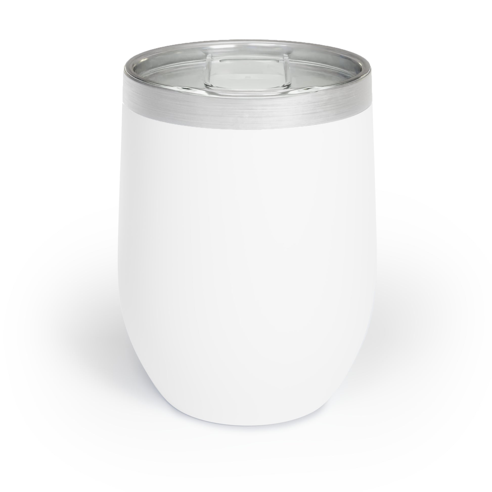 Front view of white travel wine tumbler with plastic top against a white background.